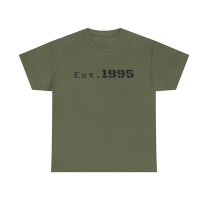 White vintage minimalist T-shirt with "Est. 1995" text, inspired by birthday and birth year, by Printify.