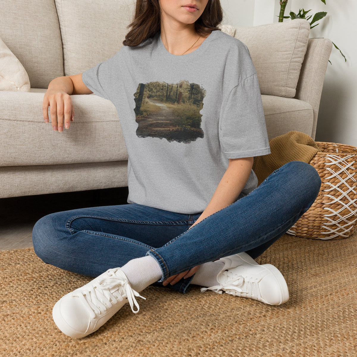 Vintage forest landscape T-shirt by Printify featuring a nature pathway design on a casual cotton tee.