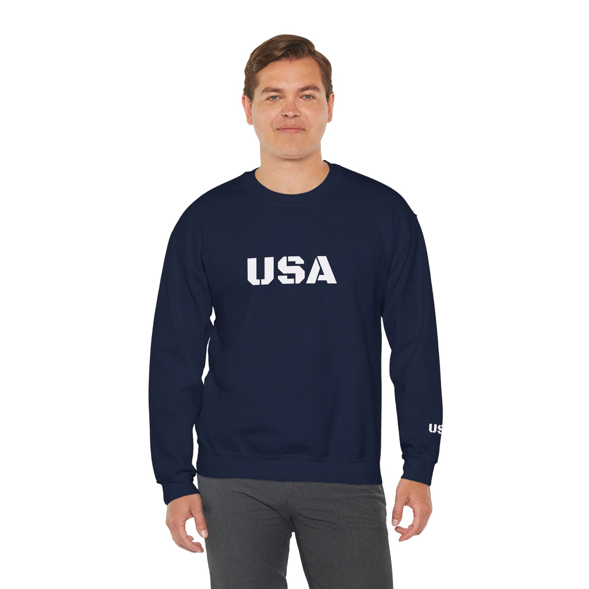 Printify USA crewneck sweatshirt featuring patriotic design, perfect for cozy seasonal wear and patriotic gift-giving.
