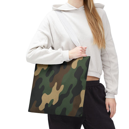 Camo pattern tote bag by Printify featuring all-over camouflage print on durable canvas carryall for everyday use.