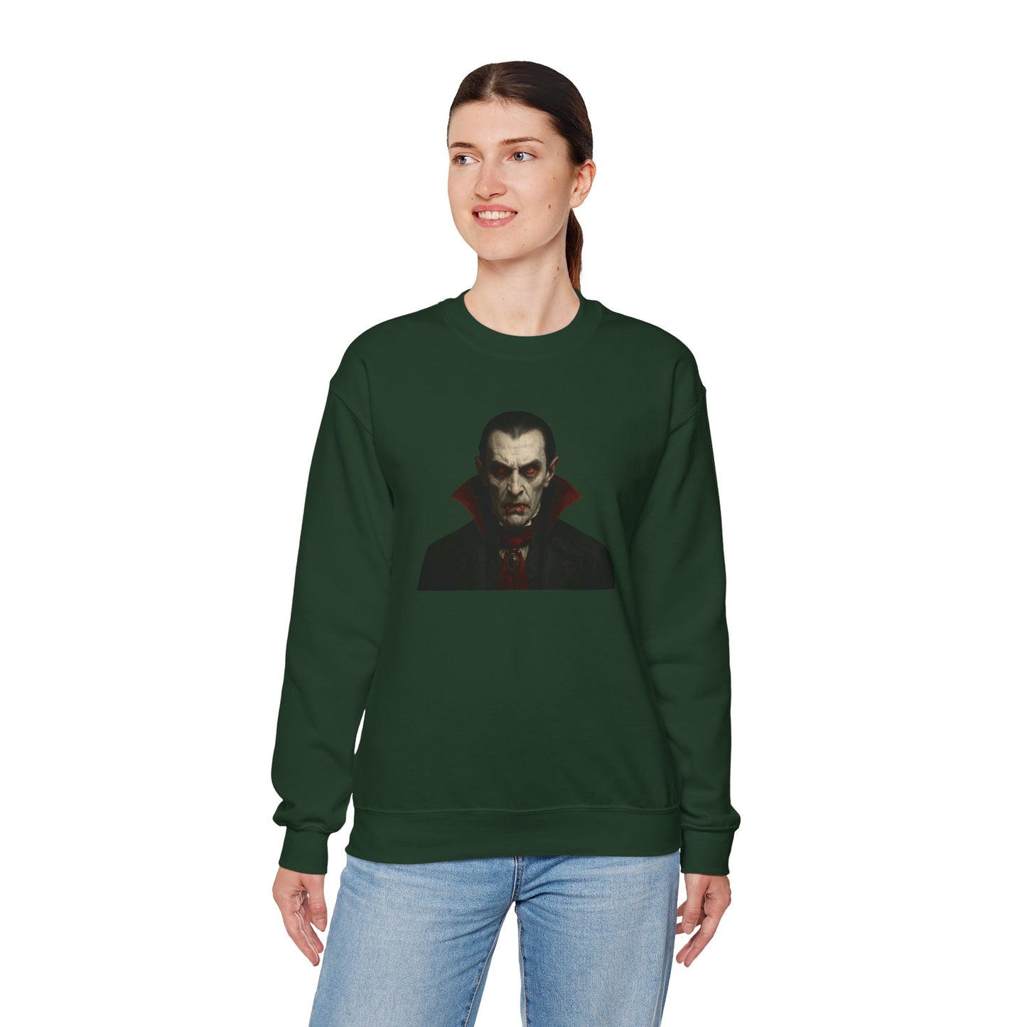 Vampire portrait crewneck sweatshirt by Printify featuring a detailed vampire illustration on a comfortable cotton sweatshirt.
