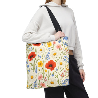 Wildflower Poppy print tote bag with floral all-over pattern, featuring vibrant poppy flowers on durable fabric.