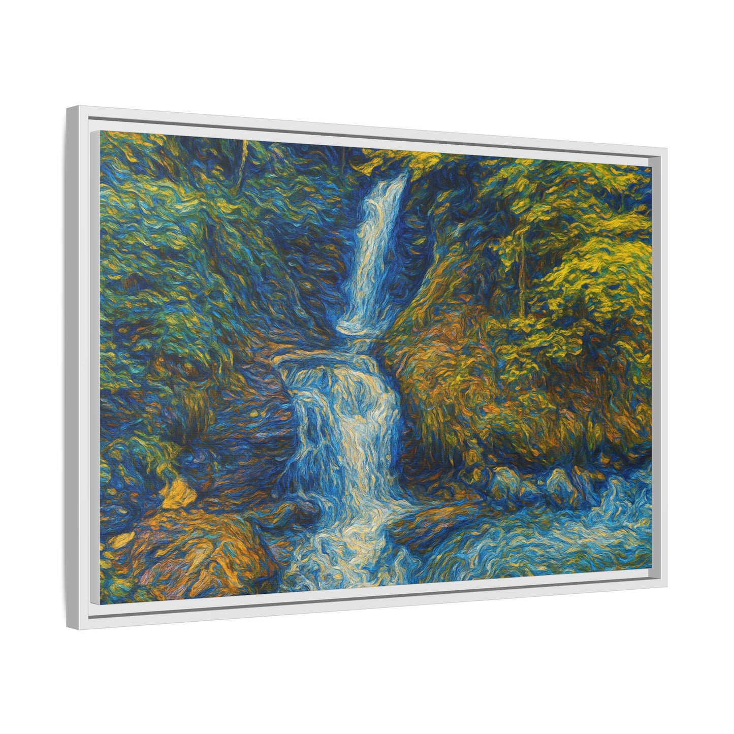 Framed matte canvas print of impressionist waterfall wall art by Printify, showcasing vibrant colors and textured brushstrokes.