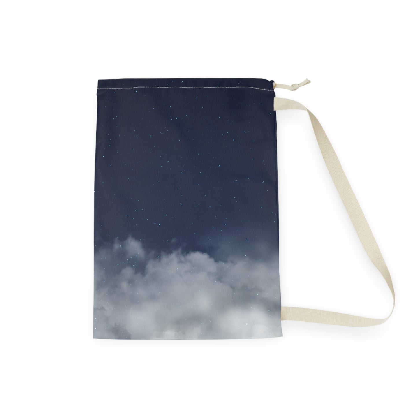 Night Sky Clouds laundry bag by Printify, canvas drawstring tote featuring a celestial cloud pattern for laundry storage.
