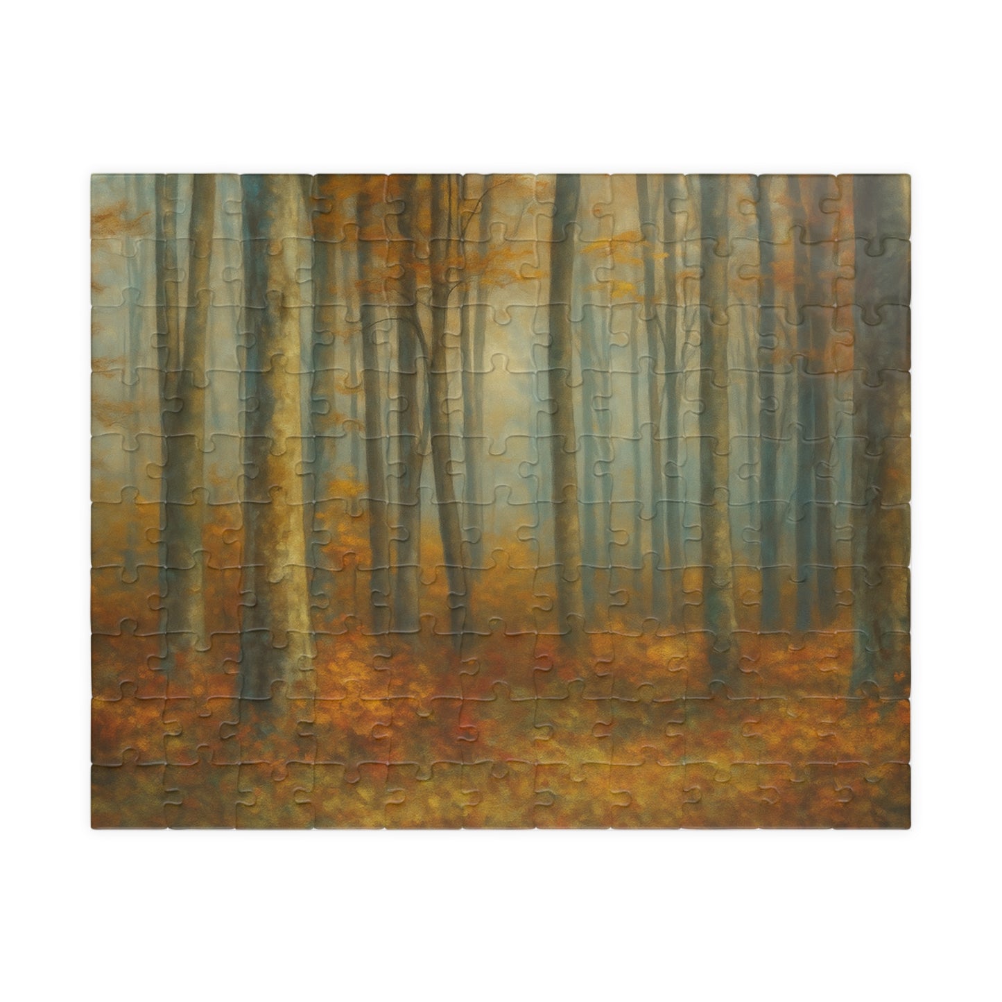 Misty autumn forest puzzle by Printify featuring woodland trees and vibrant fall colors, assembled on a flat surface.