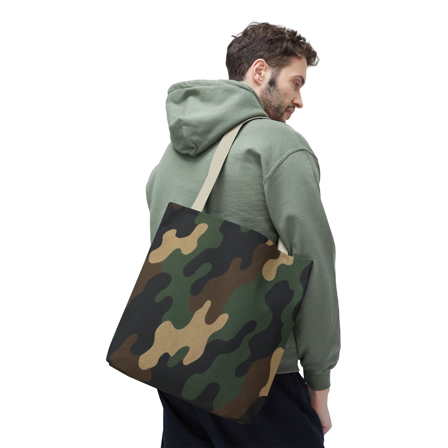 Camo pattern tote bag by Printify with all-over camo print on durable canvas, spacious carryall for everyday use.