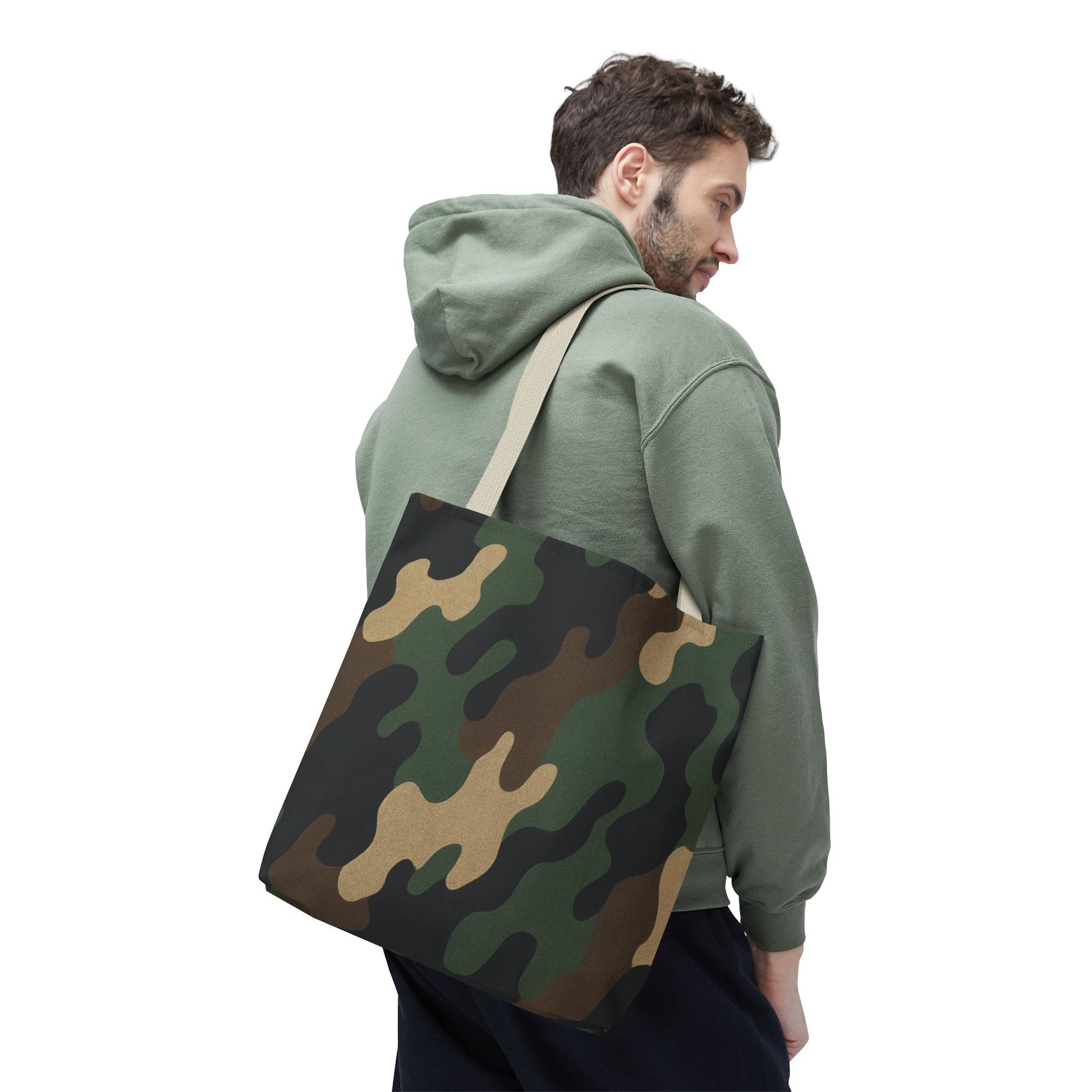 Camo pattern tote bag by Printify with all-over camo print on durable canvas, spacious carryall for everyday use.