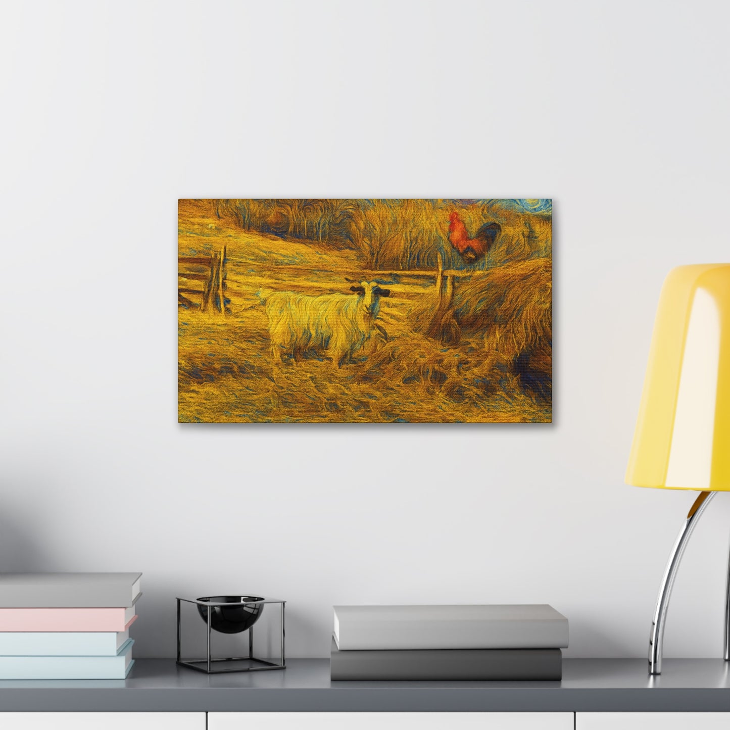 Rustic Farmhouse Canvas Print with Goat and Rooster, Country Decor, Animal Art, Gift for Farmers, Farmhouse Wall Art, Rustic Home Decor