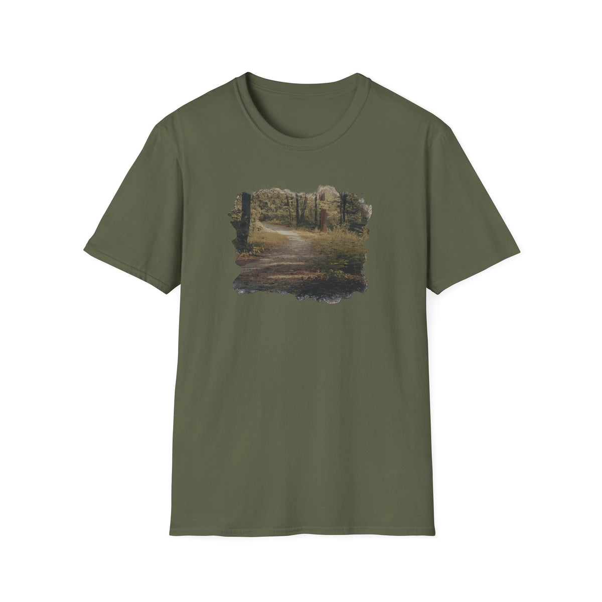 Vintage Forest Landscape T-Shirt by Printify featuring a nature-inspired pathway design on soft fabric.