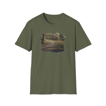 Vintage Forest Landscape T-Shirt by Printify featuring a nature-inspired pathway design on soft fabric.