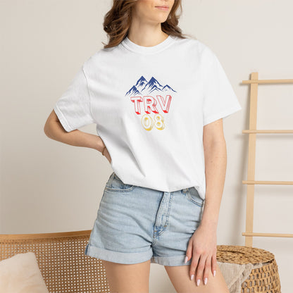 Unisex garment-dyed T-shirt with TRV08 Logo print, made by Printify, displayed on a flat surface showing the front design.