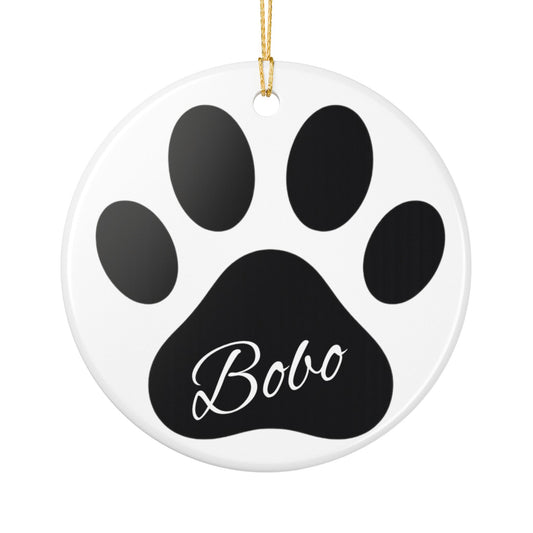 Black Paw Print with Name Ceramic Ornament | Pet Memorial Christmas Decoration - TRV