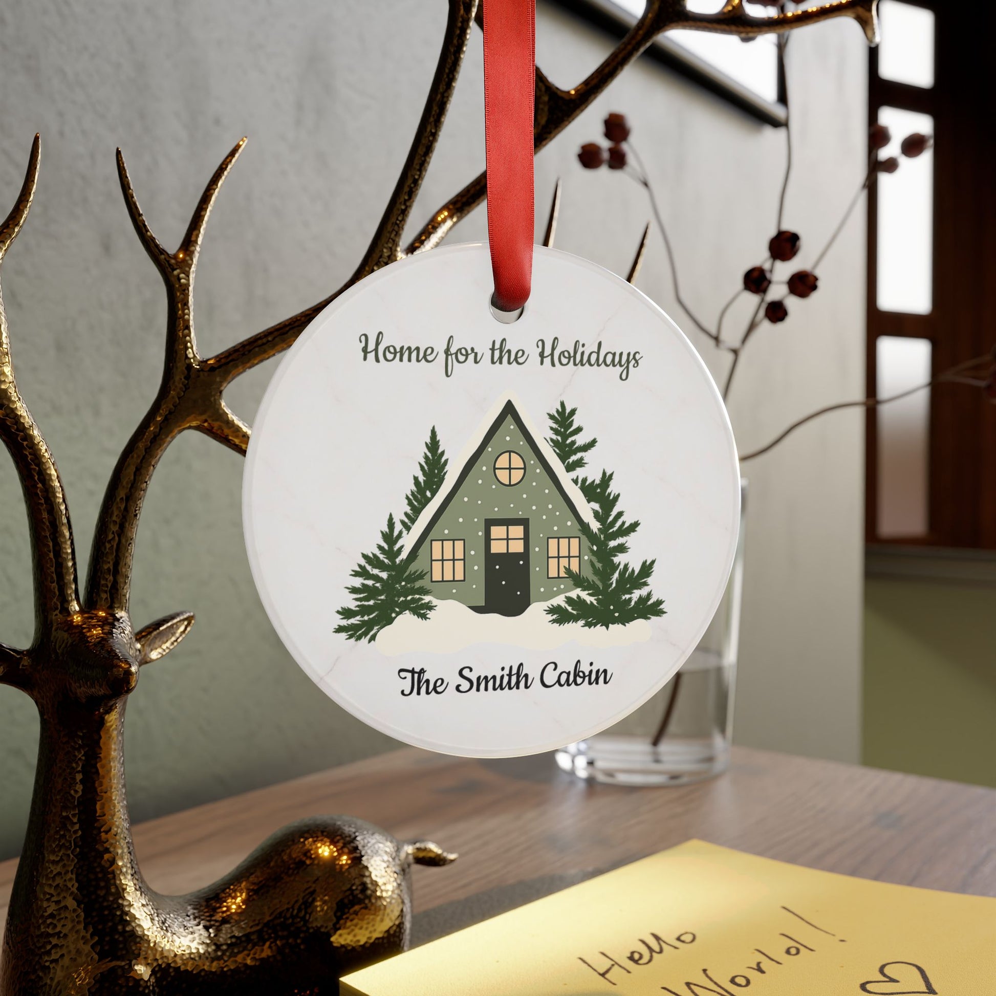 Acrylic "Home for the Holidays" cabin ornament with festive winter scene, designed by Printify for holiday decoration.