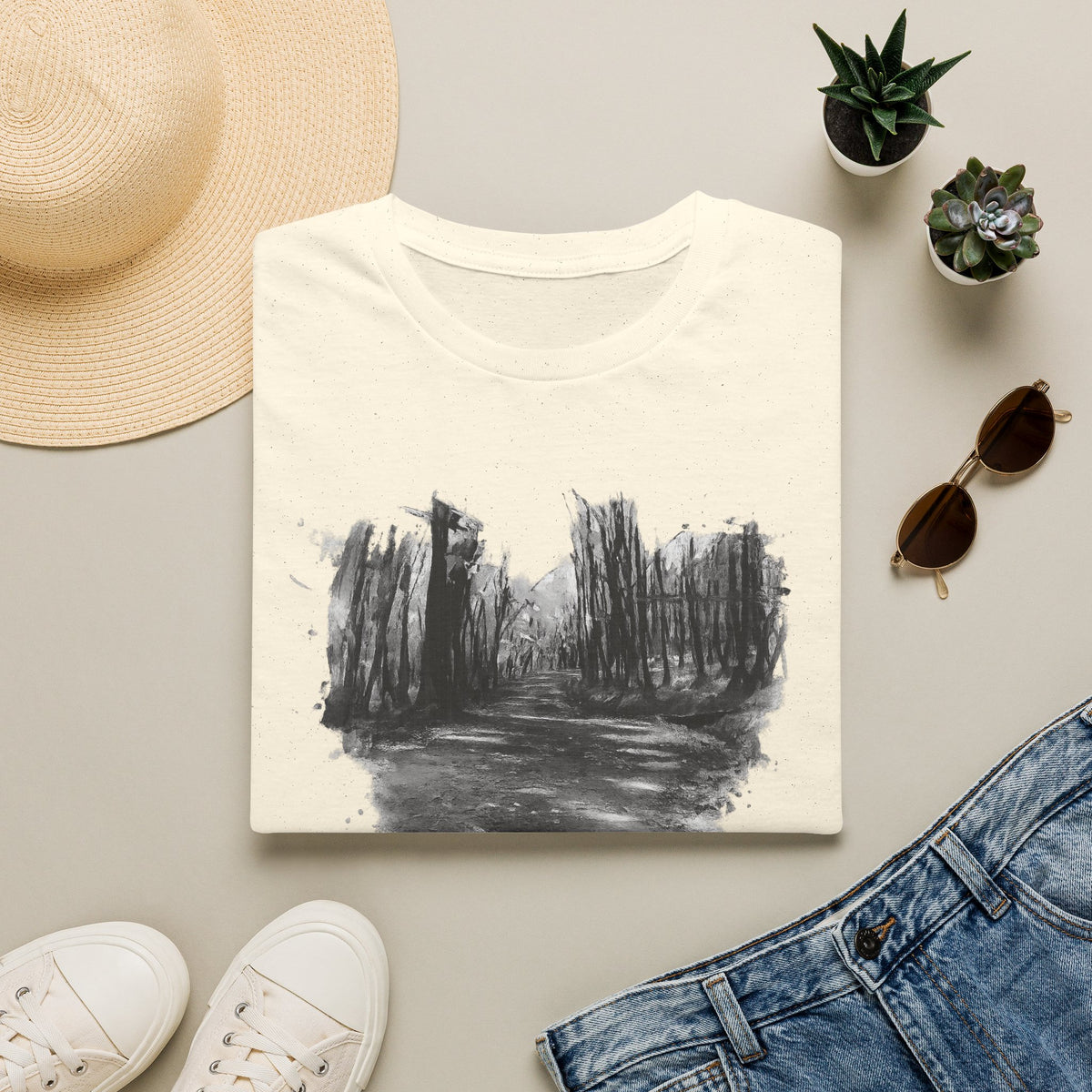 Black and white nature-inspired Printify T-shirt with autumn outdoor style, showcasing a cozy and stylish design.