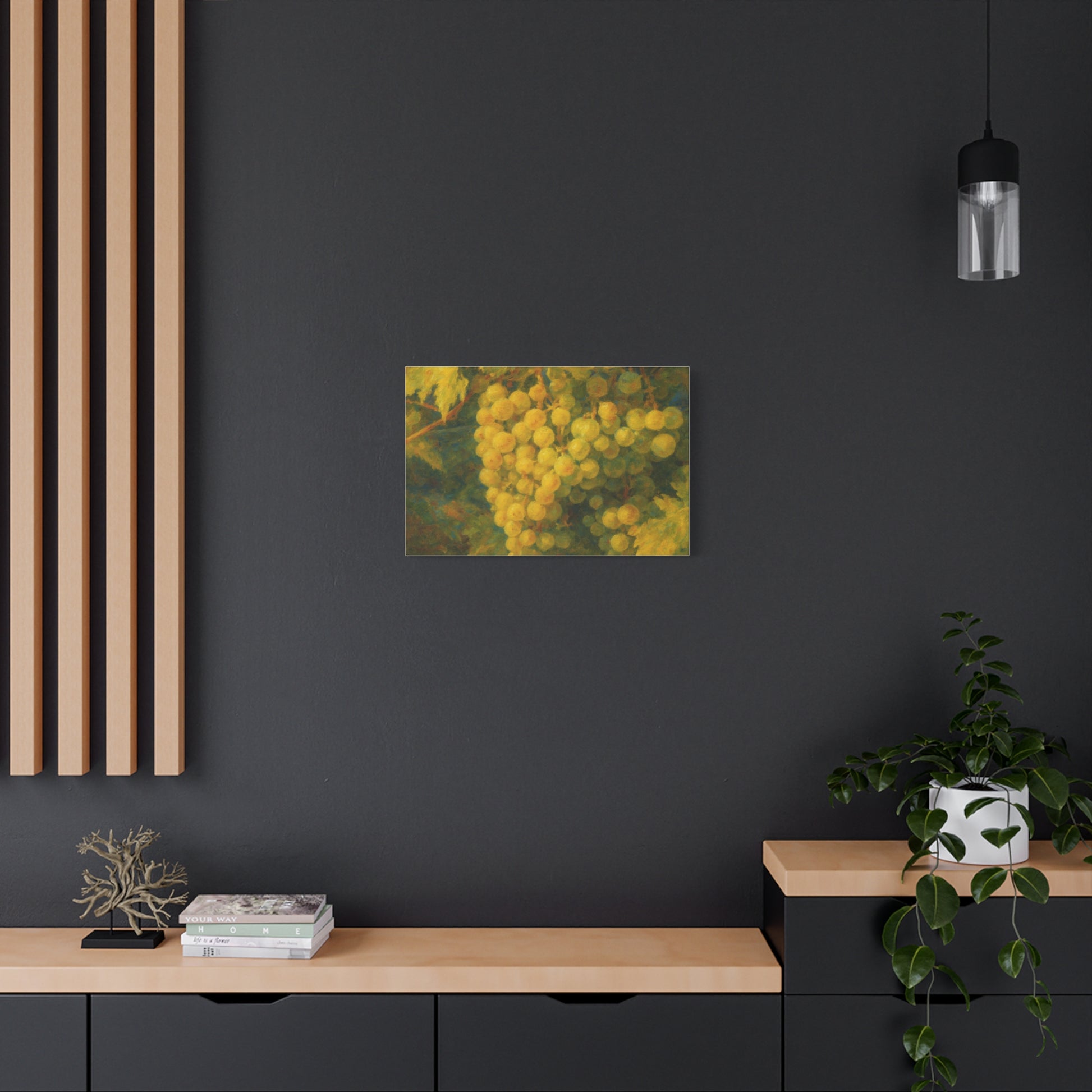 Yellow grape cluster canvas print by Printify featuring a vibrant, realistic depiction of a bunch of yellow grapes on canvas.