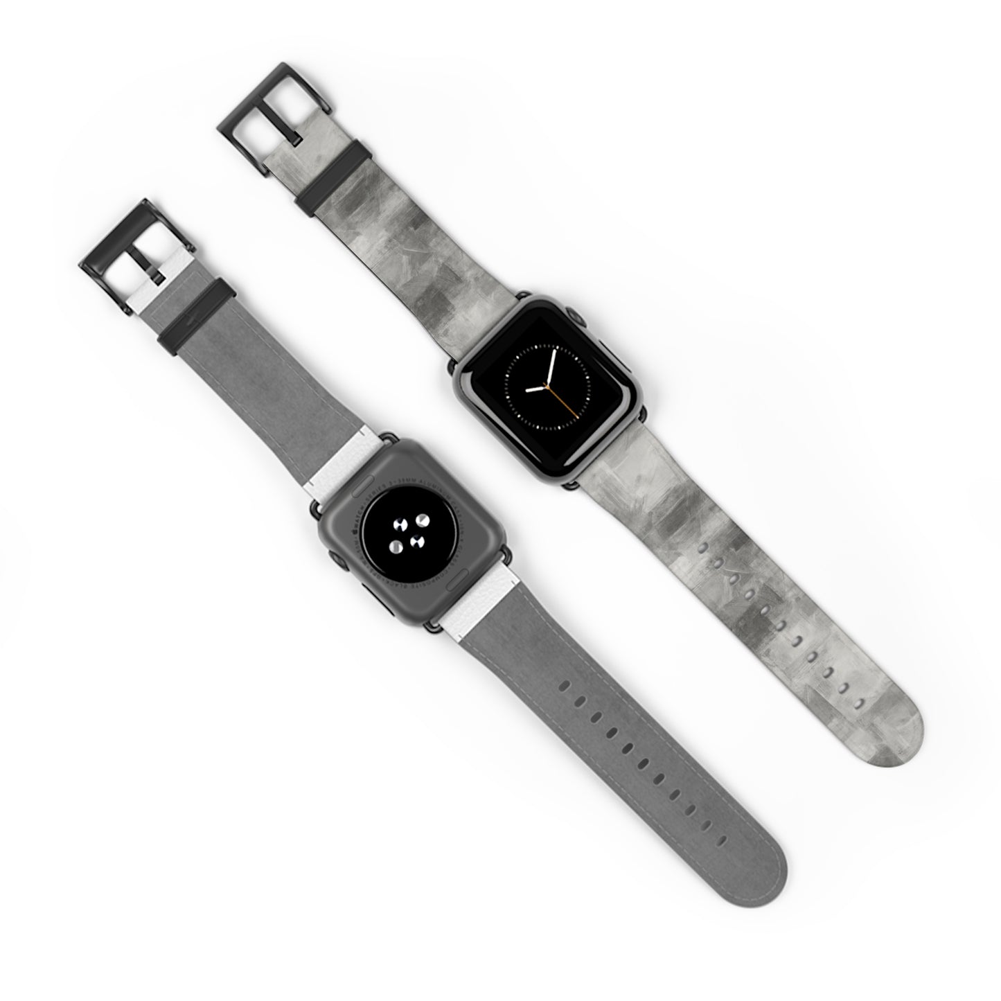 Gray watercolor camouflage Apple Watch band with neutral abstract design, made by Printify, shown on a smartwatch.