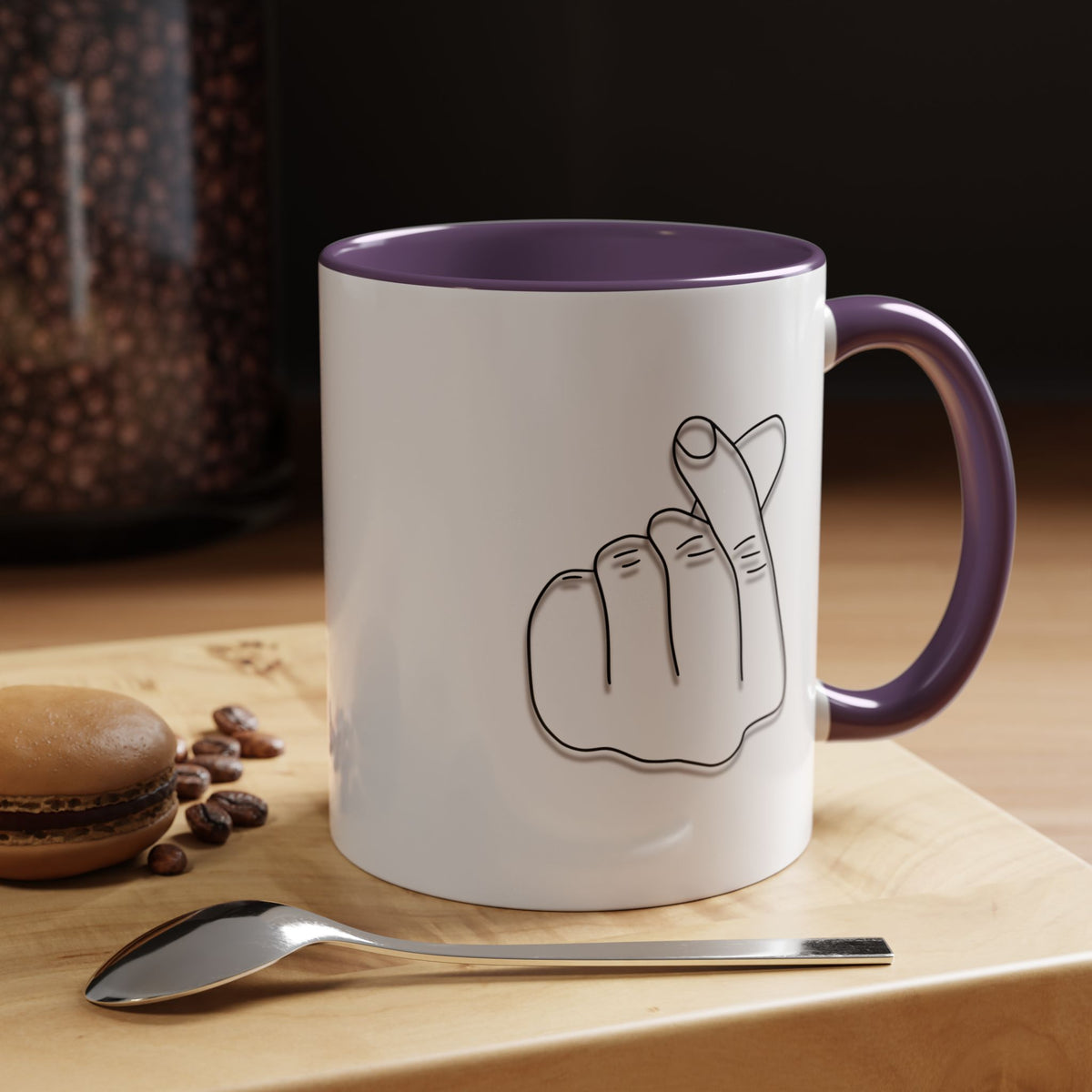 Minimal Korean finger heart accent mug by Printify, 11oz or 15oz ceramic coffee mug with simple heart detail.