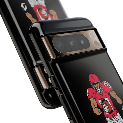 Black football player tough phone case for iPhone featuring sports design, protective and durable Printify accessory.
