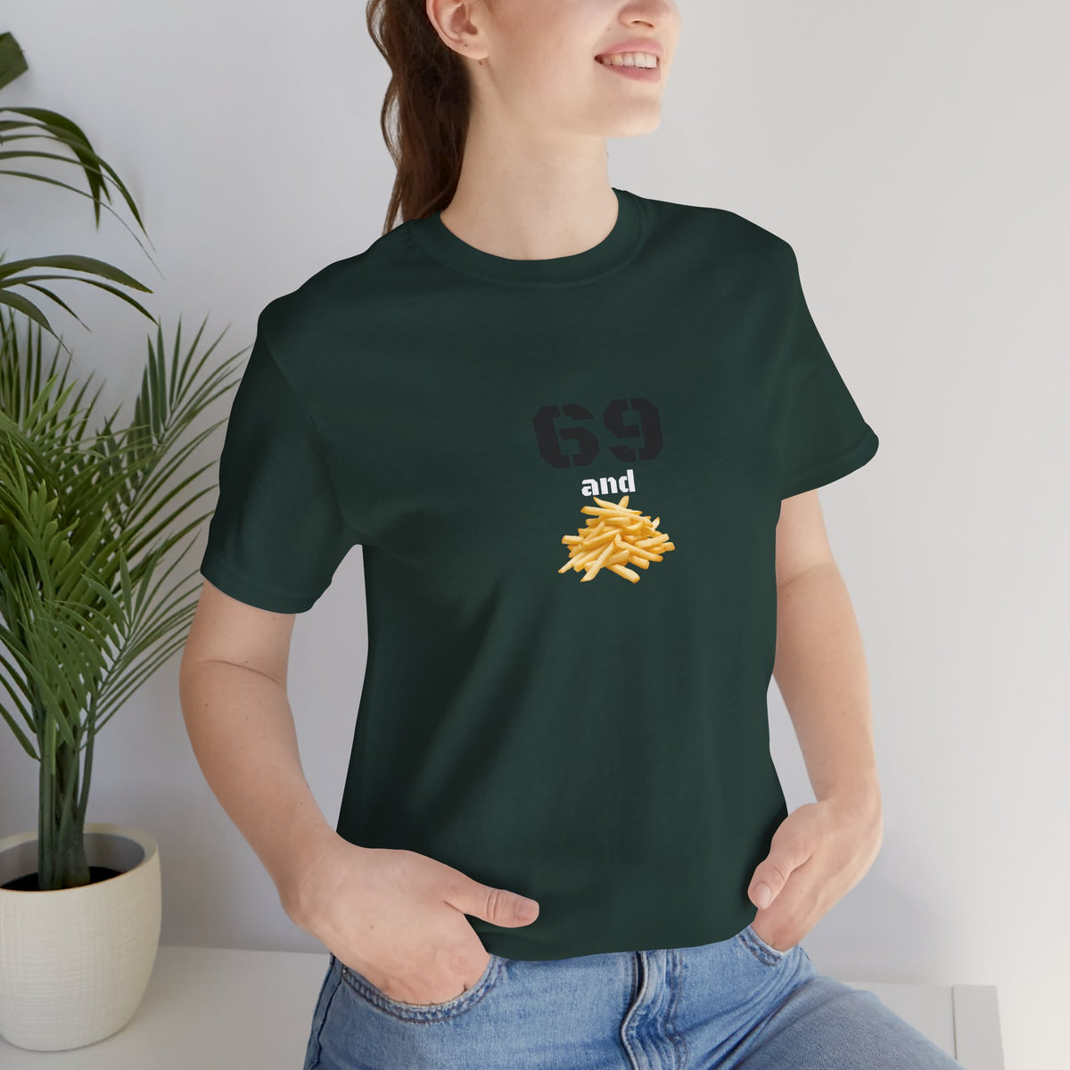 Unisex graphic T-shirt featuring a humorous 69 and French fries print, casual style by Printify.