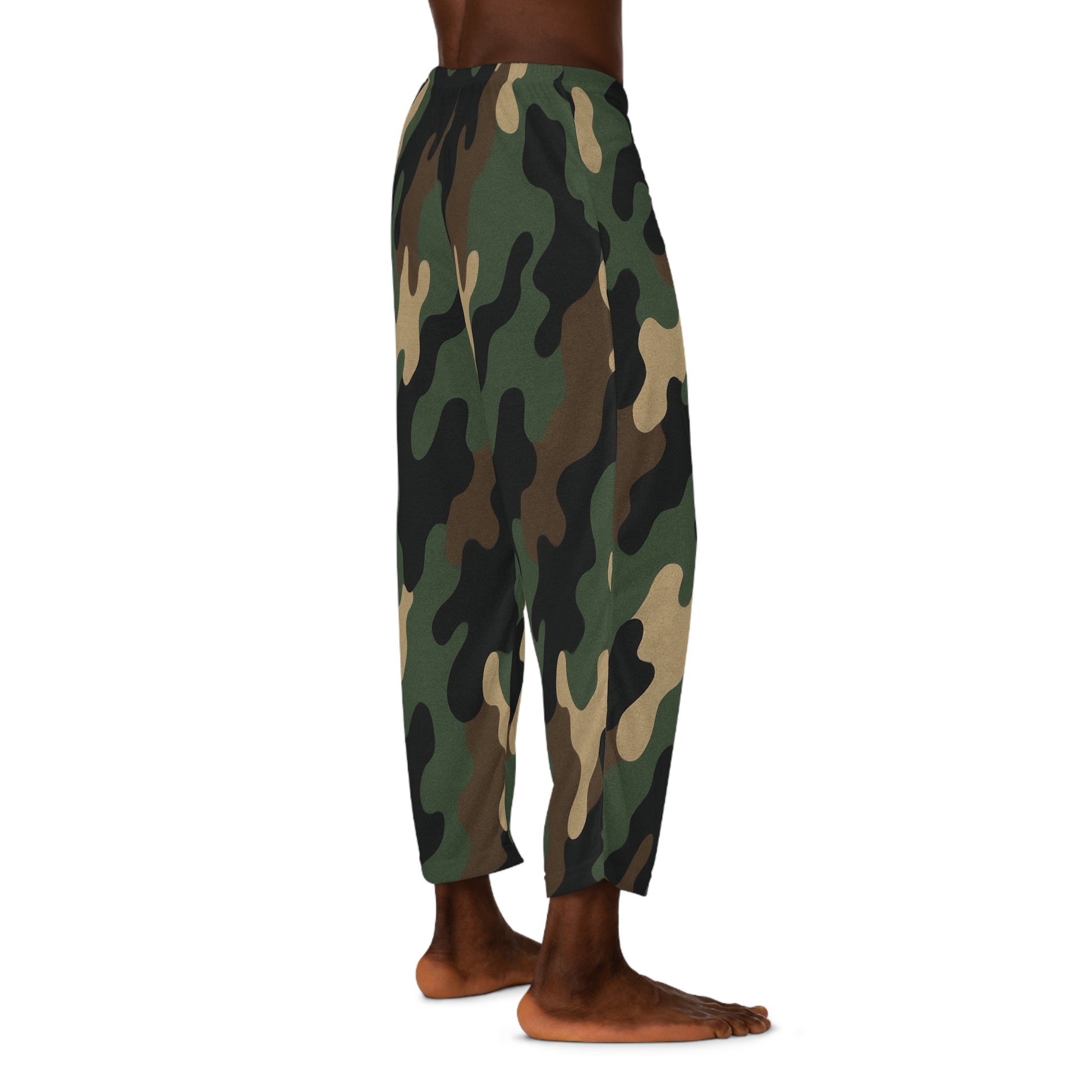Men's camo lounge pajama pants with all-over print in green and brown, comfortable sleepwear by Printify.