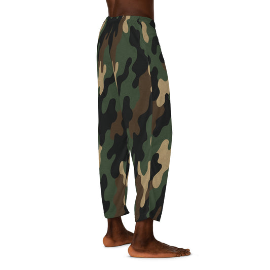 Men's camo lounge pajama pants with all-over print in green and brown, comfortable sleepwear by Printify.