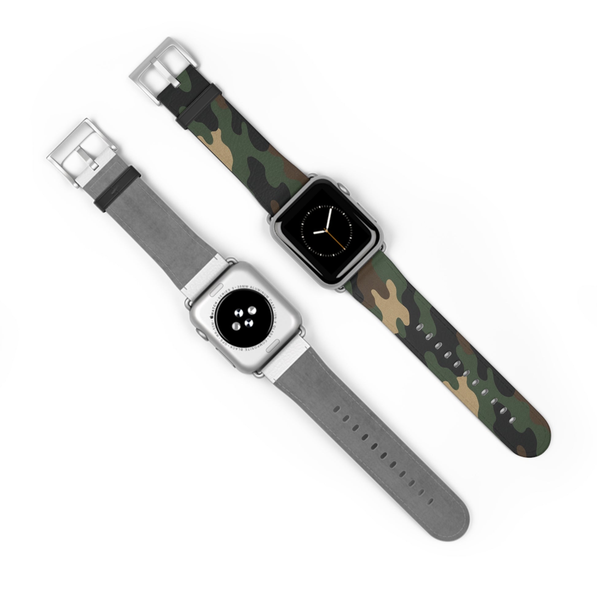Green camouflage silicone Apple Watch band from Printify, durable strap designed for comfortable wear and stylish camouflage pattern.
