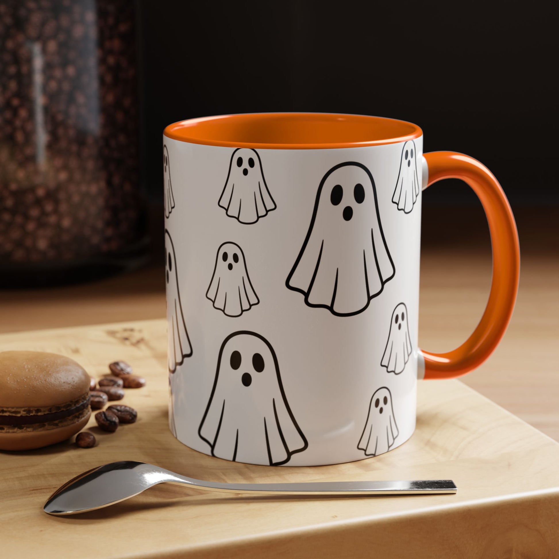 Printify ghost pattern ceramic coffee mug with Halloween-themed design, 11oz or 15oz size, perfect for seasonal beverages.