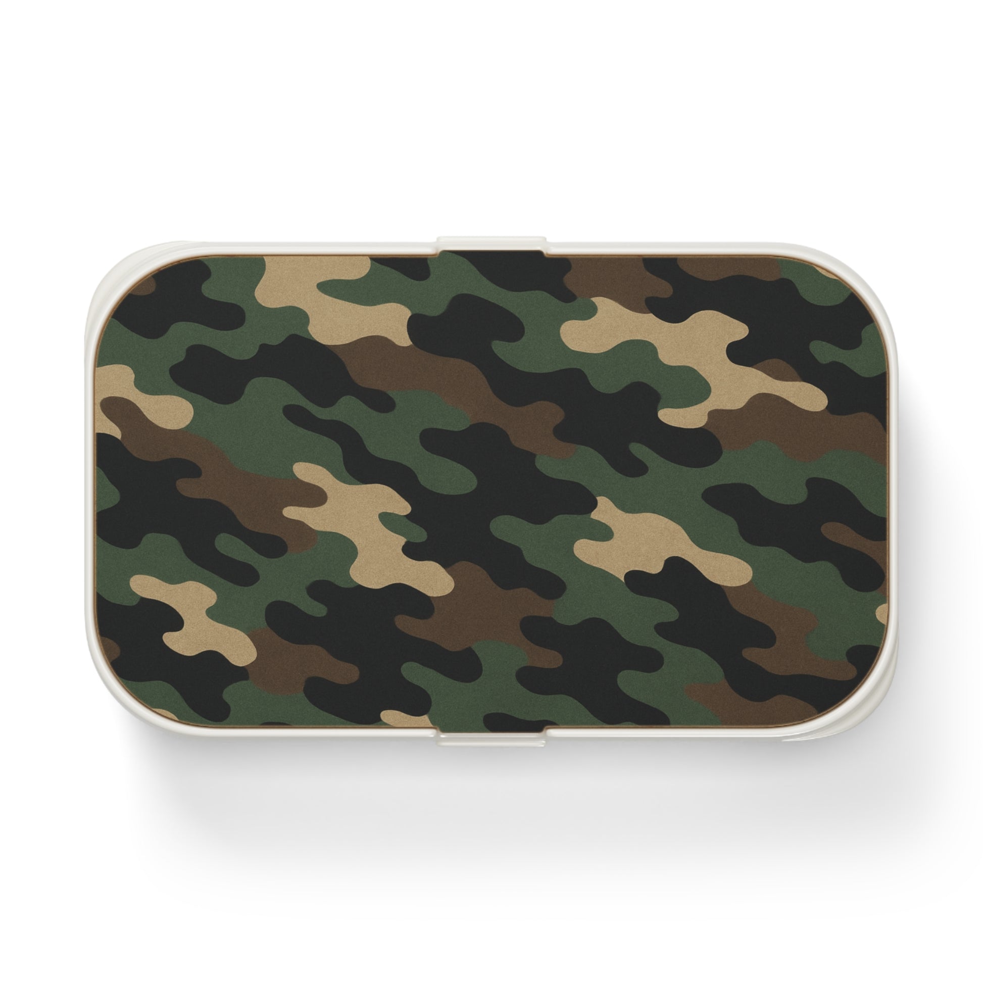 Military green camouflage Bento lunch box by Printify, featuring a durable meal prep box with camouflage design and secure lid.