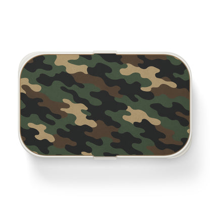 Military green camouflage Bento lunch box by Printify, featuring a durable meal prep box with camouflage design and secure lid.