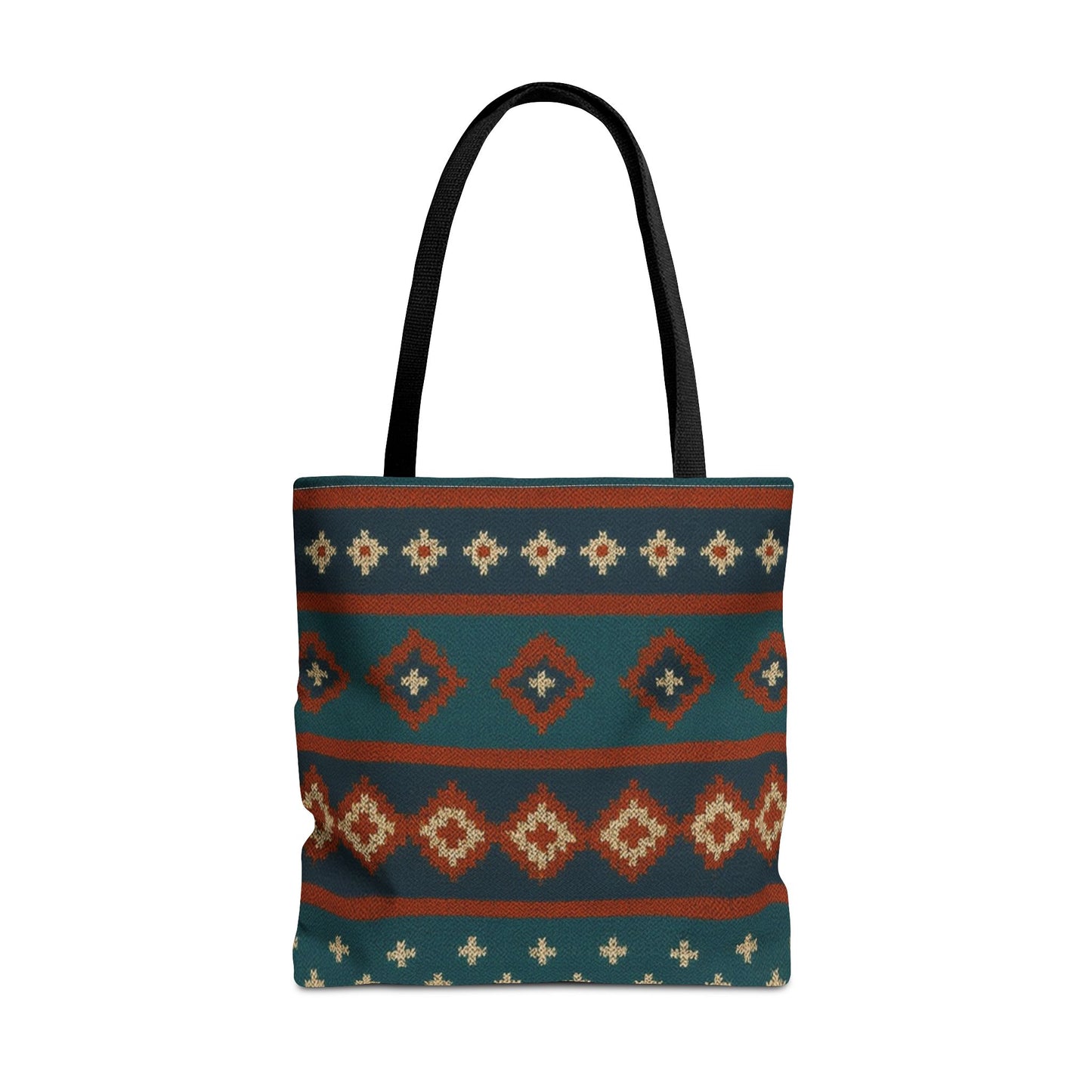 Southwestern diamond pattern tote bag with Aztec tribal geometric print, made by Printify, featuring vibrant design and sturdy handles.
