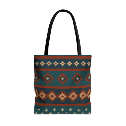 Southwestern diamond pattern tote bag with Aztec tribal geometric print, made by Printify, featuring vibrant design and sturdy handles.