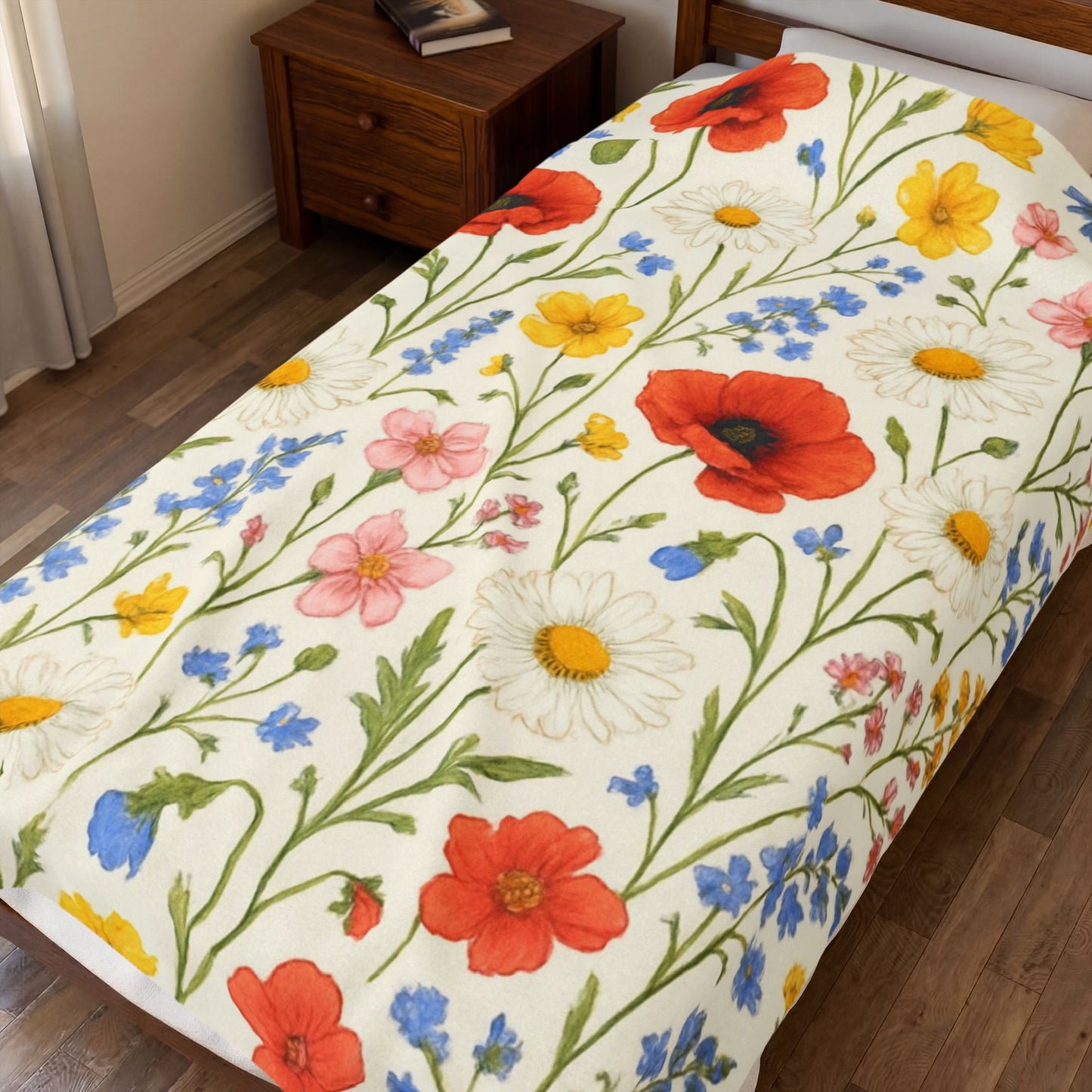 Velveteen plush blanket with all-over poppy daisy floral print, Wildflower Meadow design by Printify for cozy home decor.