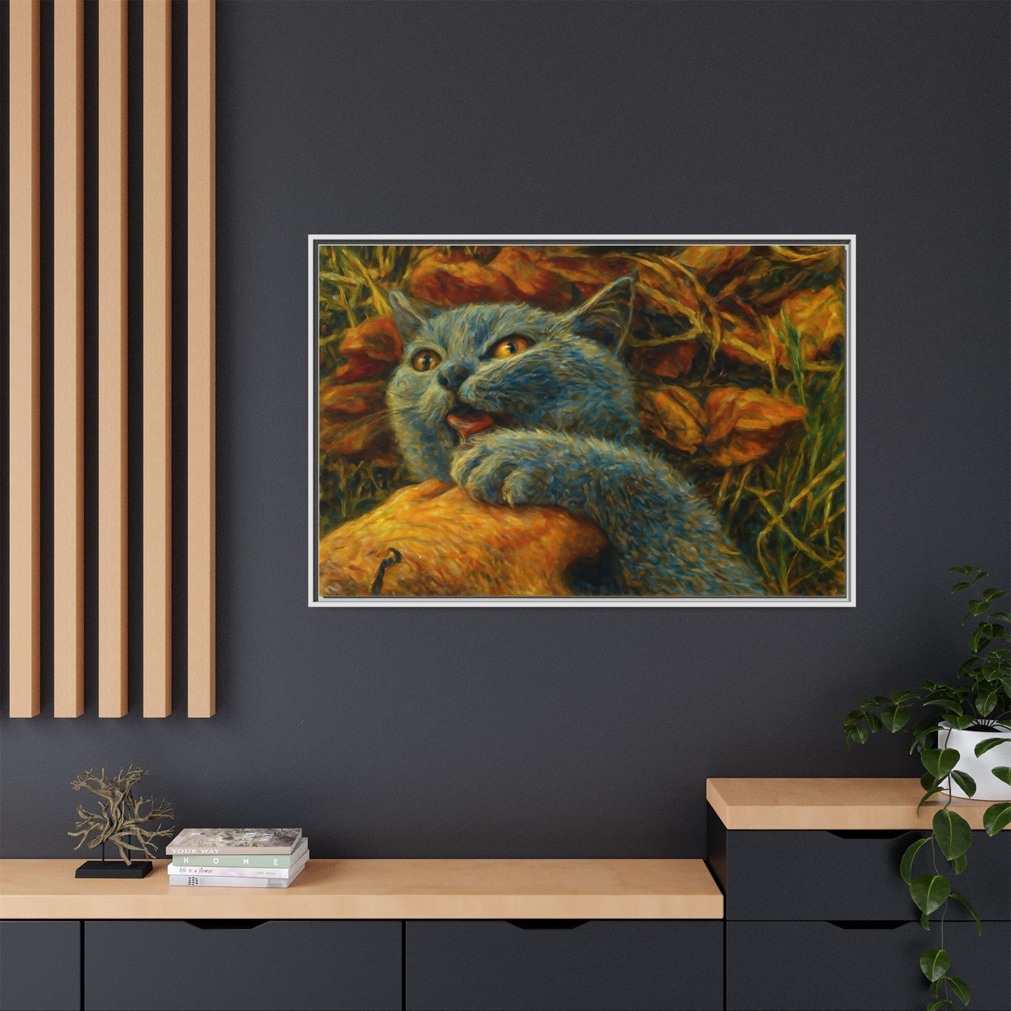 Blue cat canvas print featuring whimsical wall art, perfect gift for cat lovers, created by Printify.
