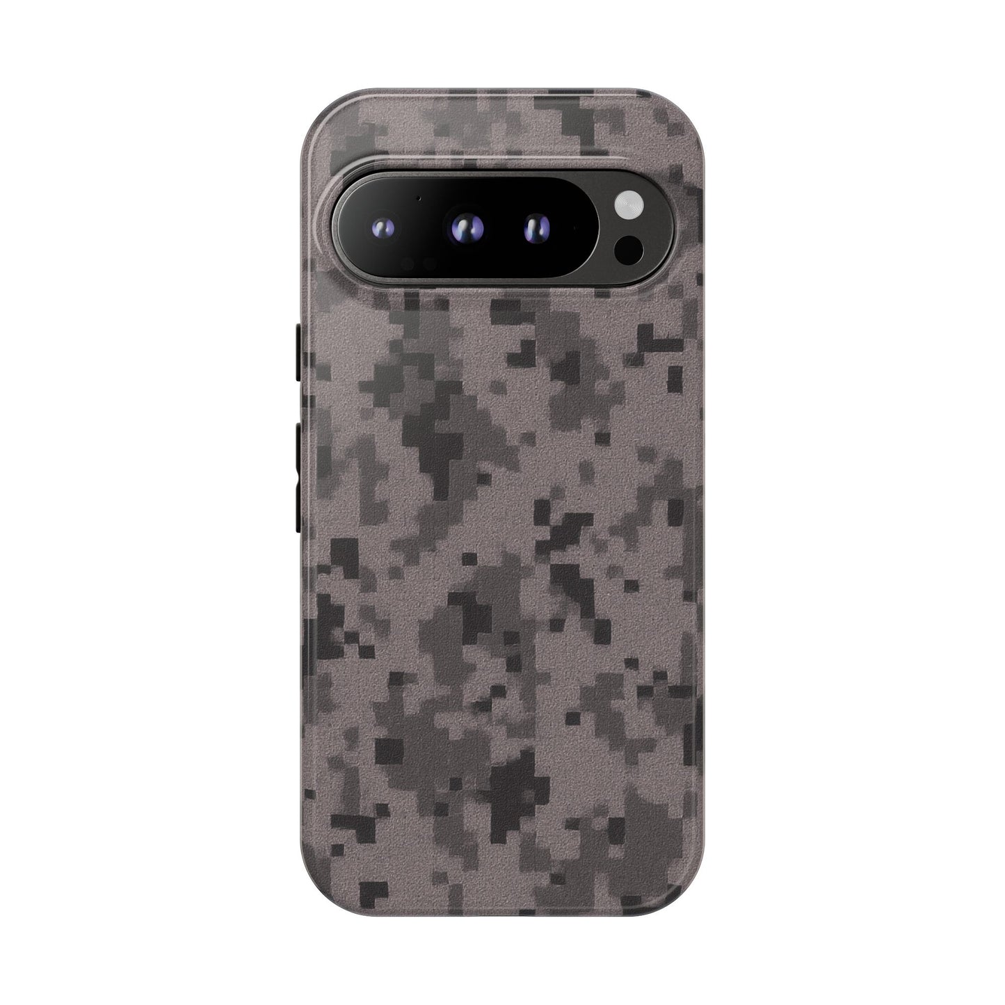 Gray digital camo phone case by Printify, tough protective cover with camouflage pattern for smartphones.