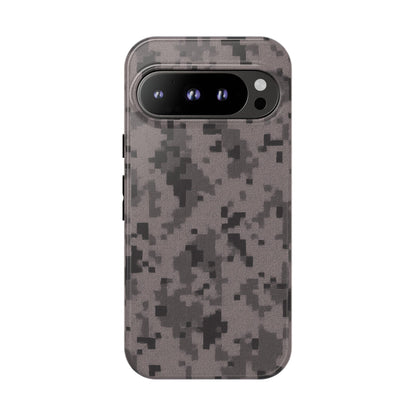Gray digital camo phone case by Printify, tough protective cover with camouflage pattern for smartphones.
