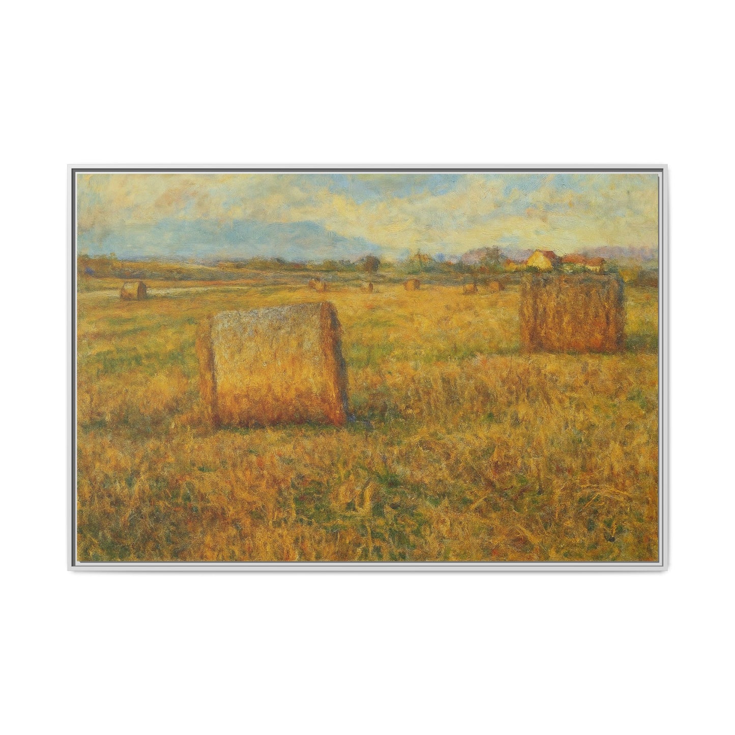 Framed matte canvas wall art featuring a rustic hayfield landscape print by Printify, ideal for farmhouse or nature-inspired decor.