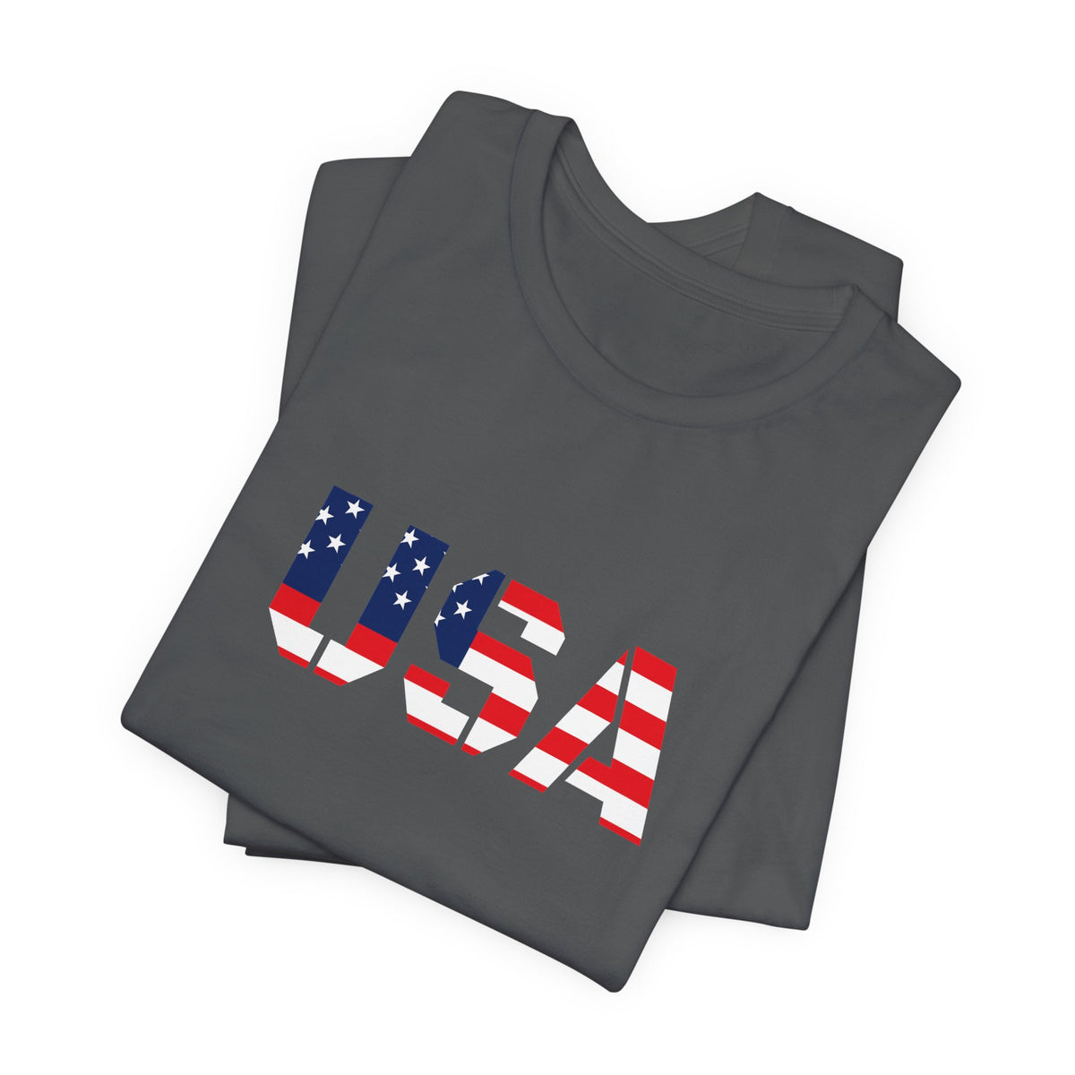 USA flag text T-shirt by Printify featuring patriotic red, white, and blue design for Fourth of July celebrations.
