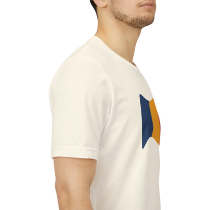 Romania flag T-shirt by Printify featuring a minimal waving tricolor design, casual cotton tee for patriotic style.