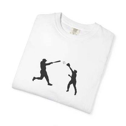 Minimal baseball players silhouette graphic T-shirt by Printify, showcasing a simple sports-themed design on a casual tee.
