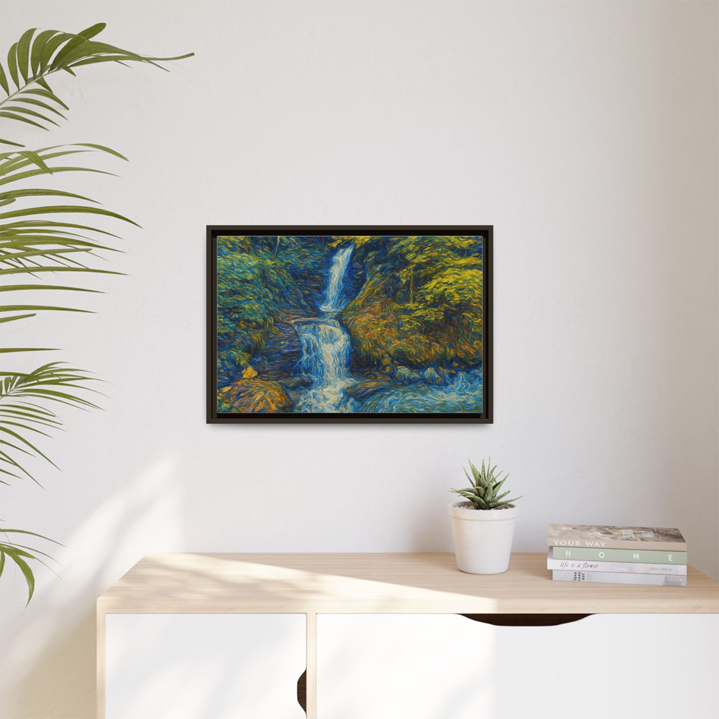 Framed matte canvas print of impressionist waterfall wall art by Printify, showcasing vibrant brushstrokes and a serene landscape scene.