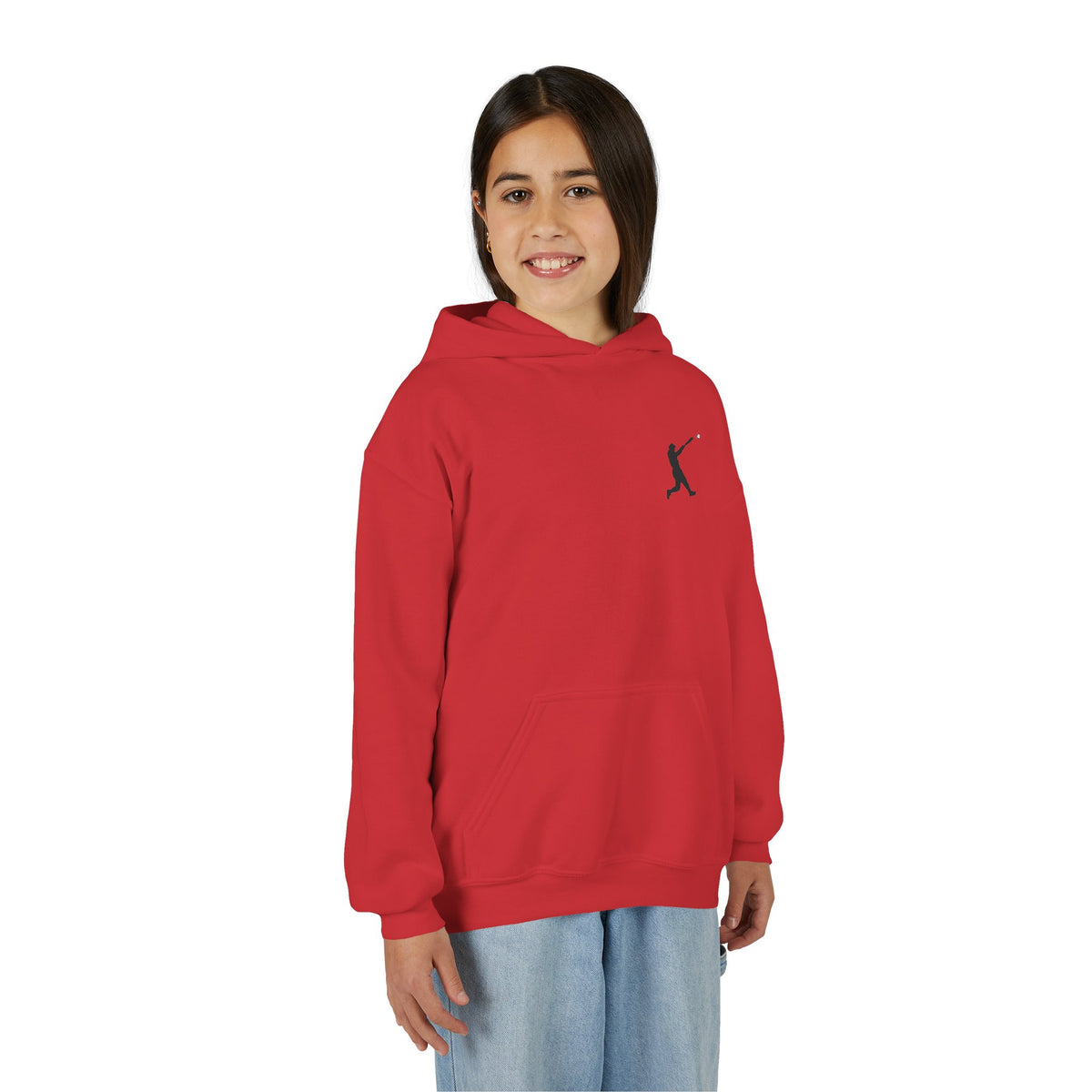 Kids youth baseball silhouette hoodie featuring a baseball player design, soft pullover hoodie for children by Printify.