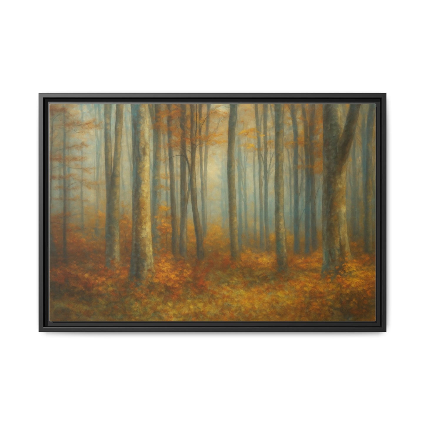 Framed autumn forest canvas print featuring misty woodland scene, wall art by Printify, ideal for nature-inspired home decor