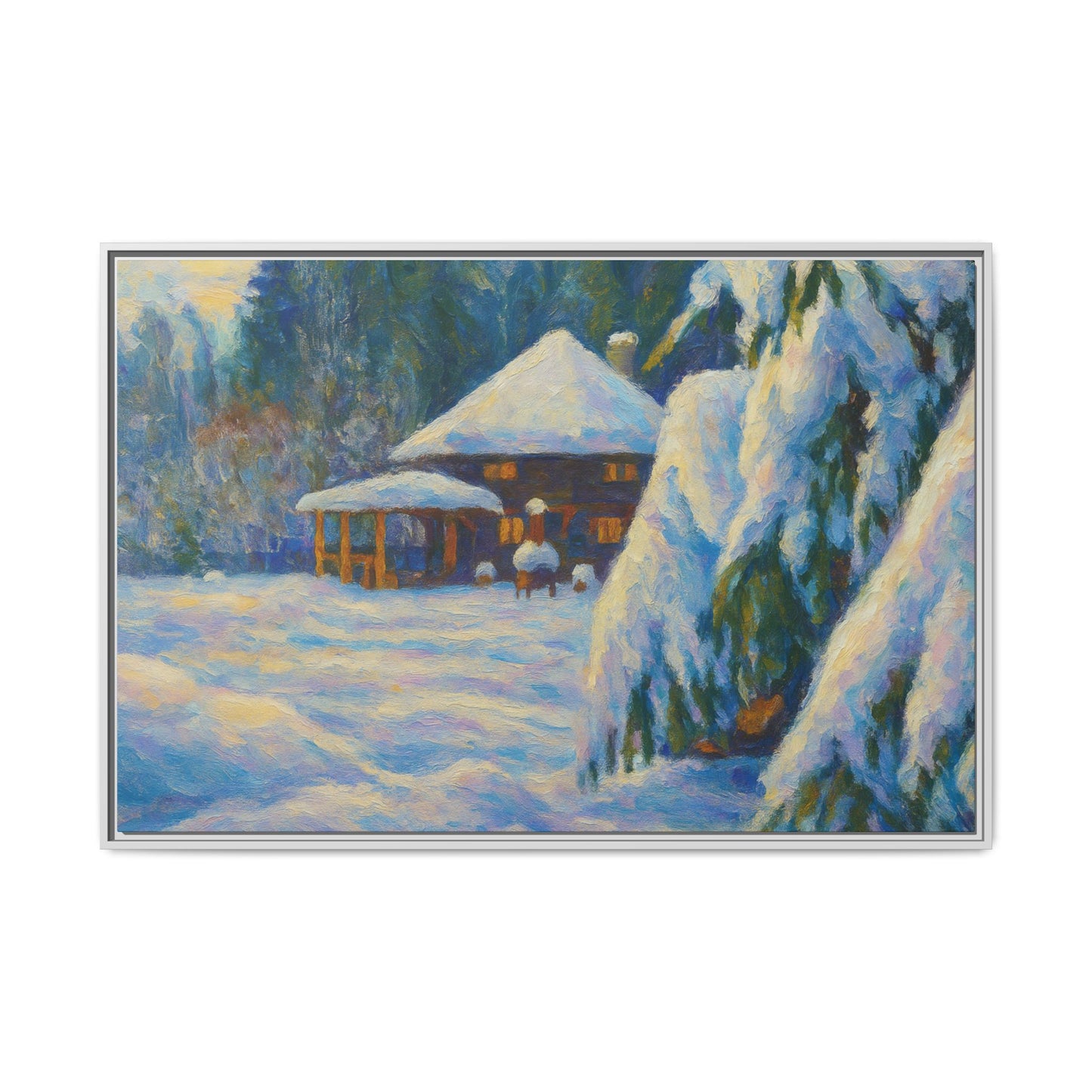 Framed matte canvas wall art of a snowy cabin winter landscape, depicting a cozy winter scene with trees and snow.