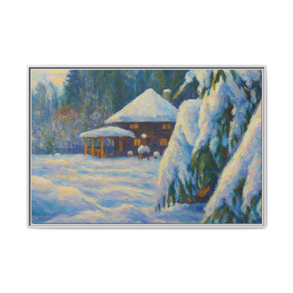 Framed matte canvas wall art of a snowy cabin winter landscape, depicting a cozy winter scene with trees and snow.