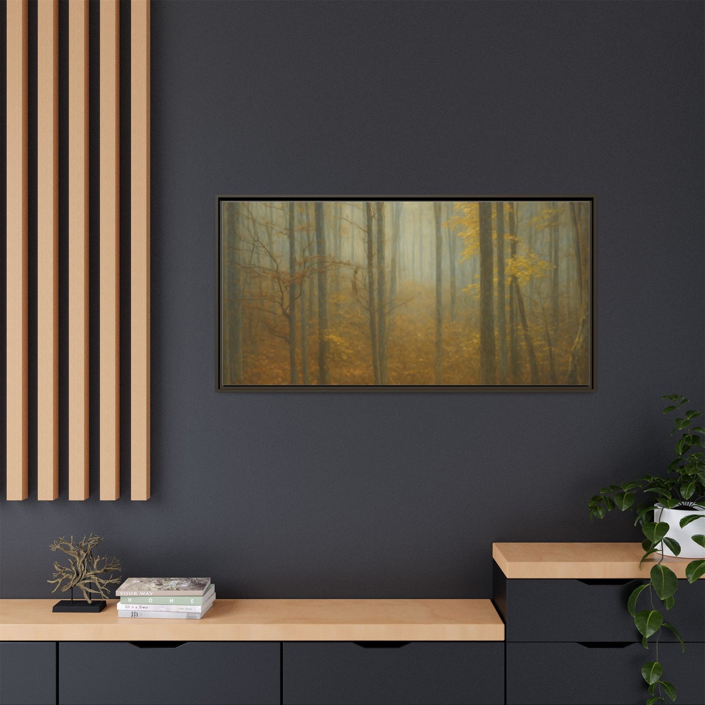 Framed matte canvas of a misty autumn forest wall art by Printify, showcasing vibrant fall foliage and serene woodland scene.