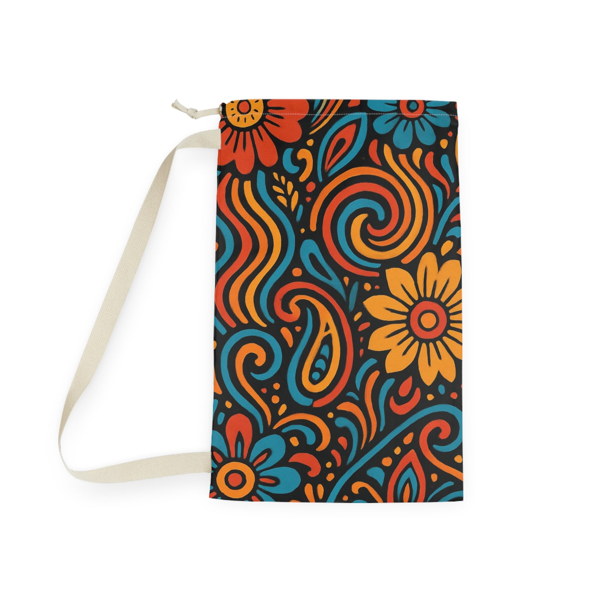 Retro floral swirl laundry bag by Printify featuring boho-style flowers and a drawstring closure for easy carrying.