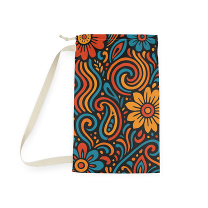 Retro floral swirl laundry bag by Printify featuring boho-style flowers and a drawstring closure for easy carrying.