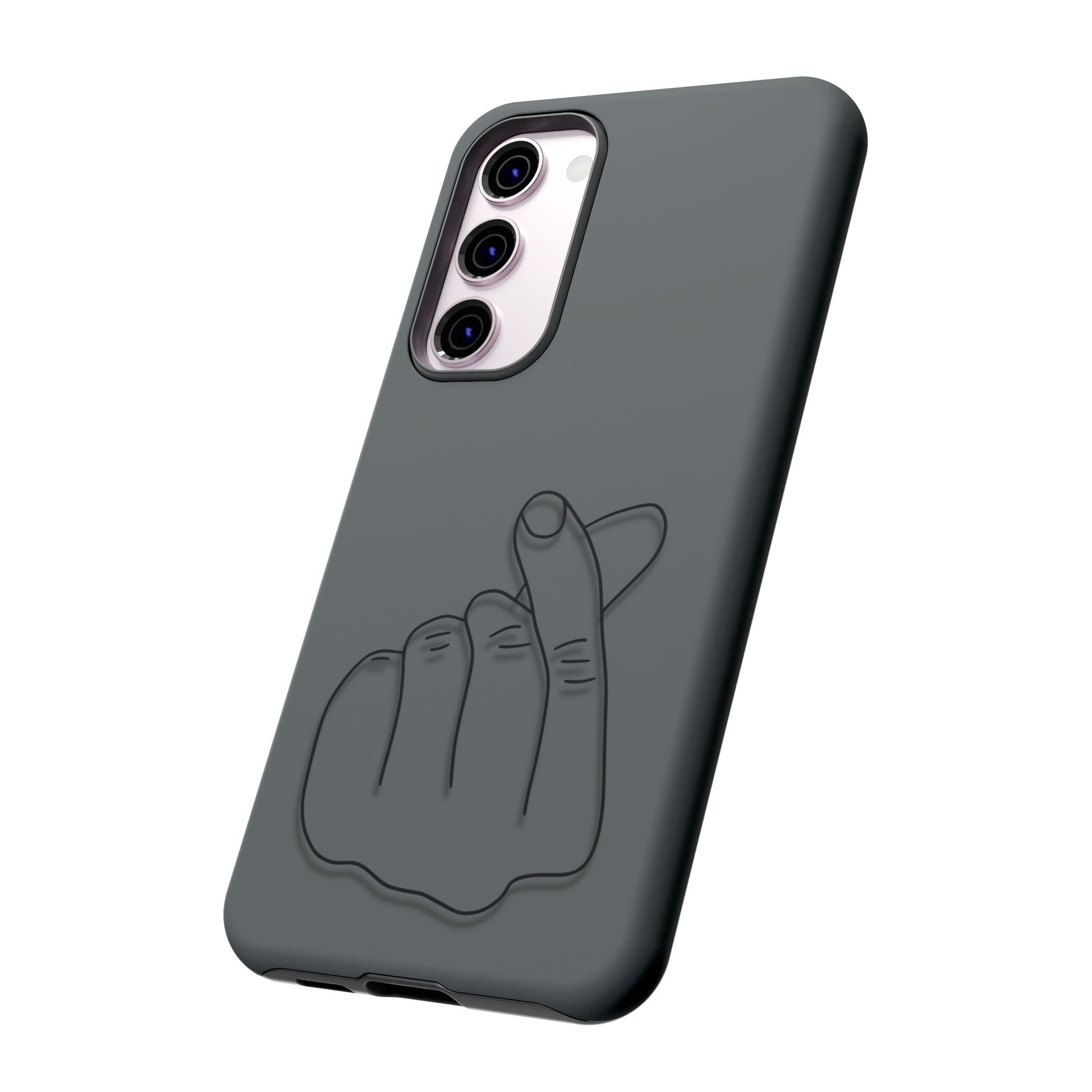 Silicone phone case with embossed Korean finger heart design, compatible with smartphones, by Printify.