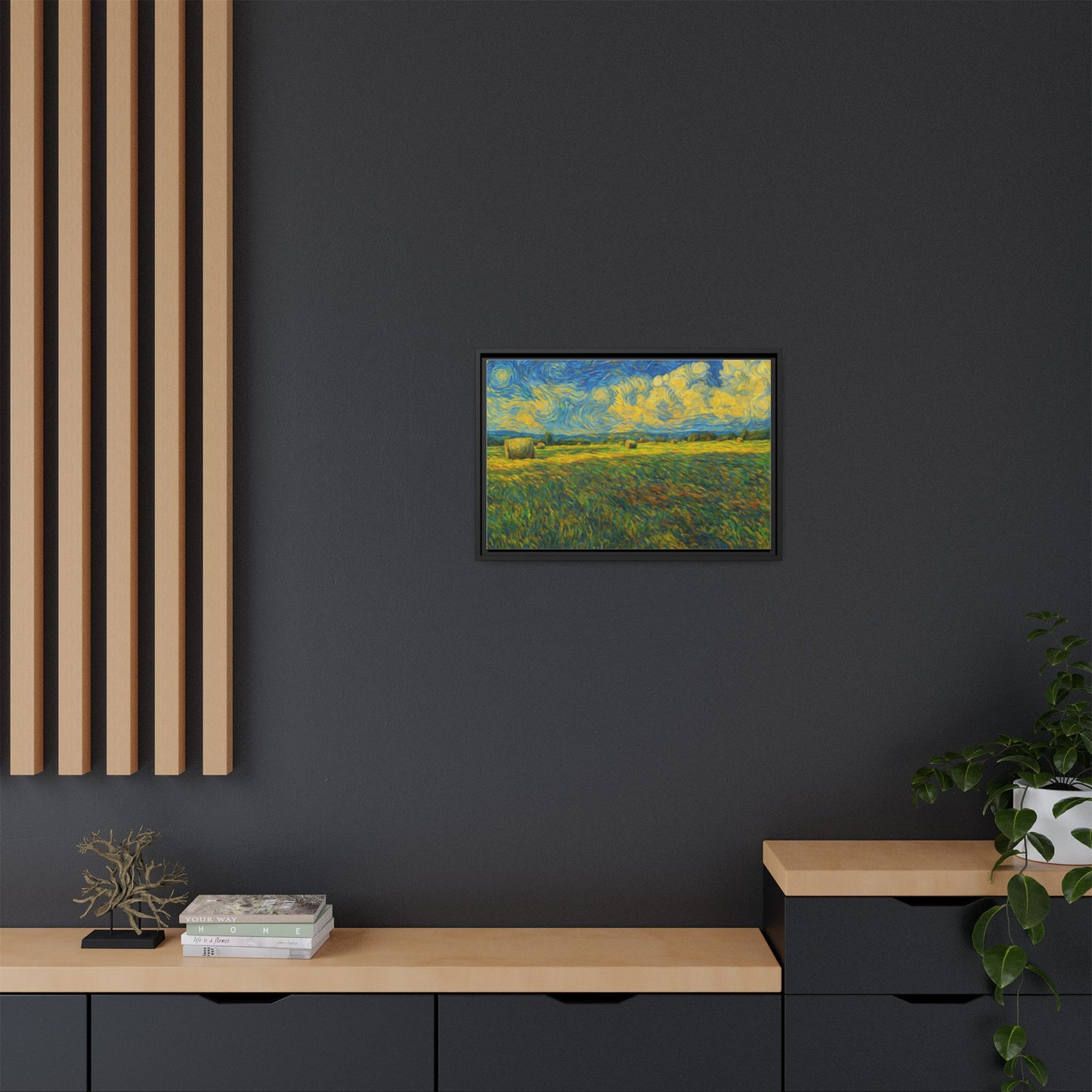 Framed landscape matte canvas print by Printify featuring vibrant, multi-color scenic artwork on high-quality canvas.