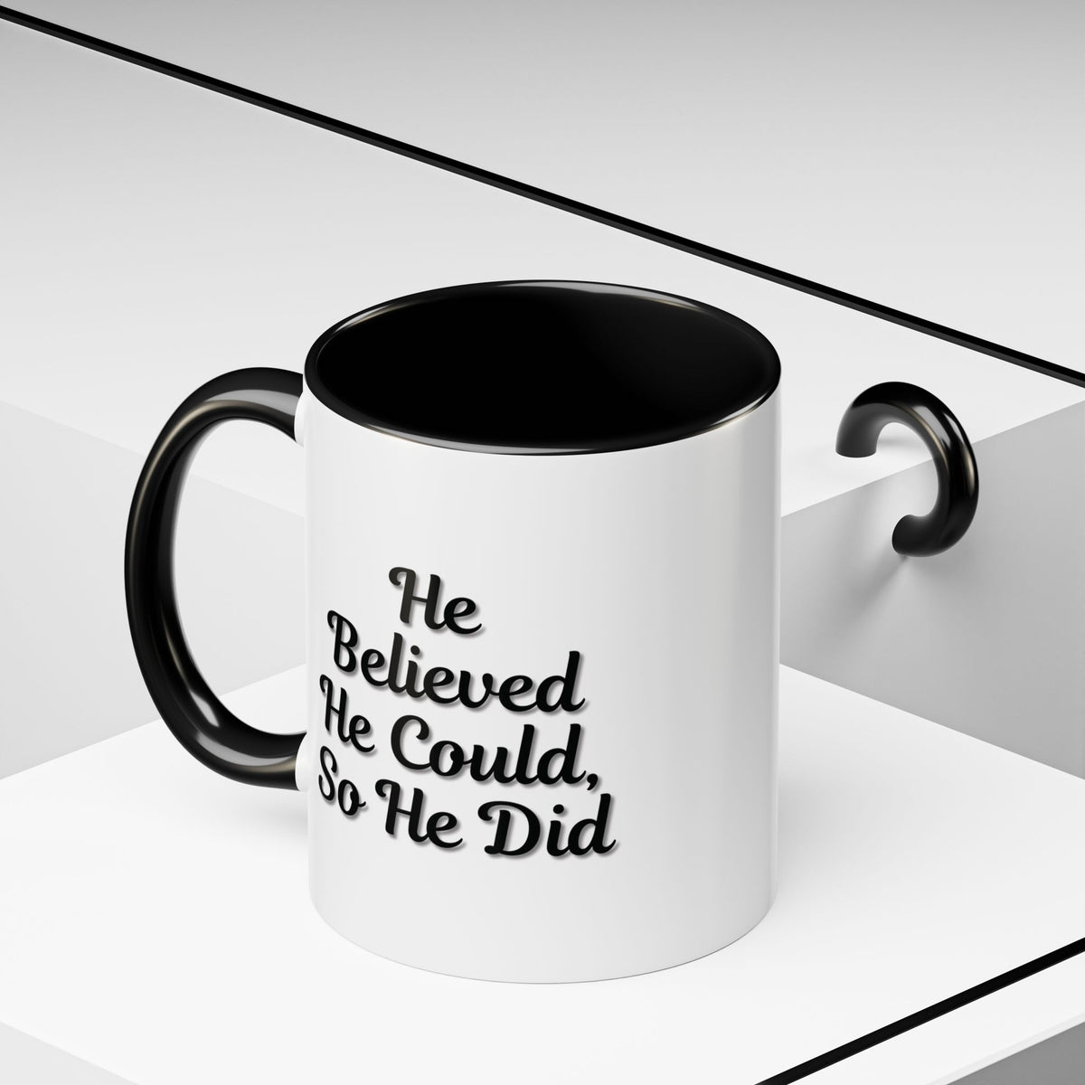 Printify "He Believed He Could So He Did" inspirational coffee mug with motivational quote on a ceramic mug for daily encouragement.